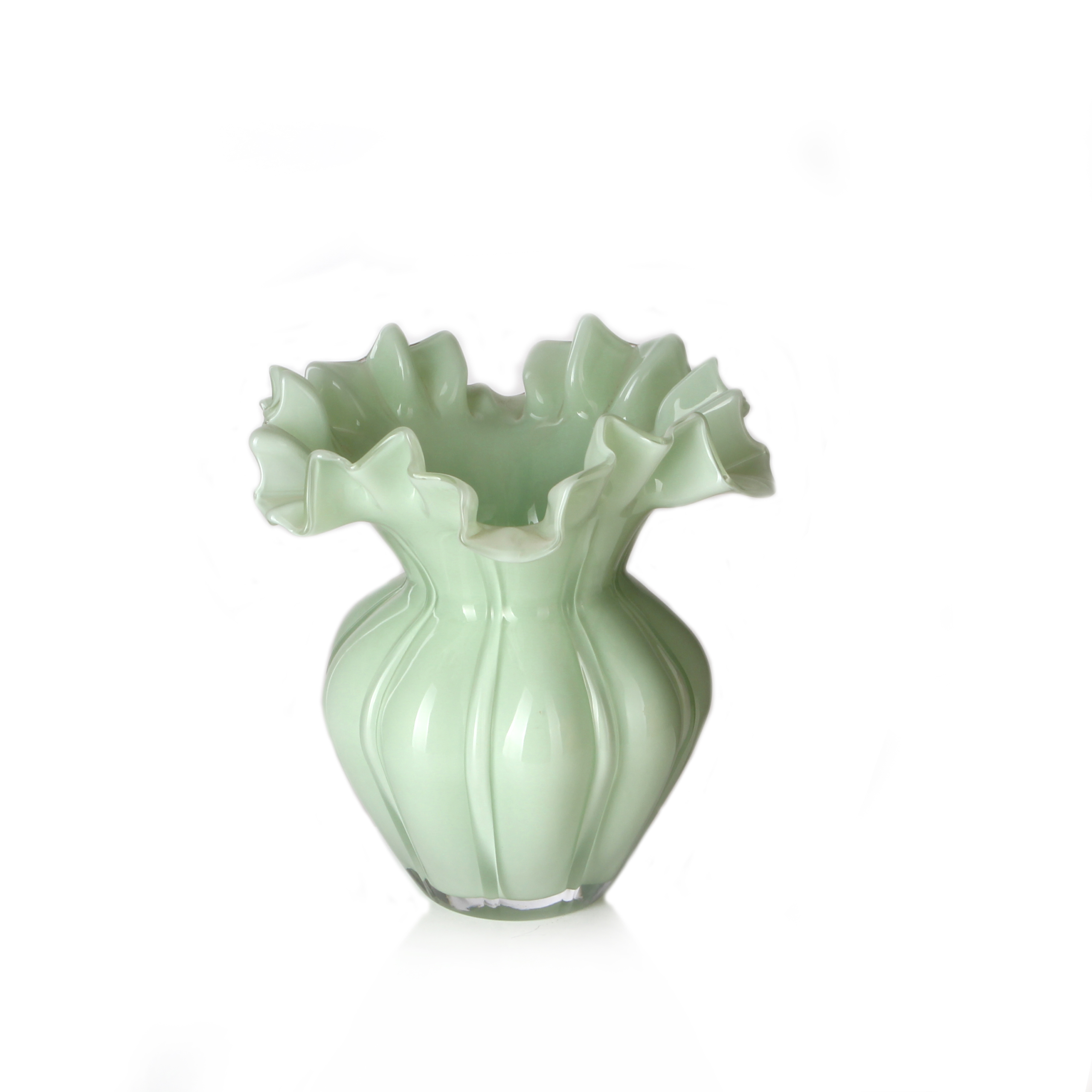 Light Green Handcrafted Frilled Glass Vase - Small
