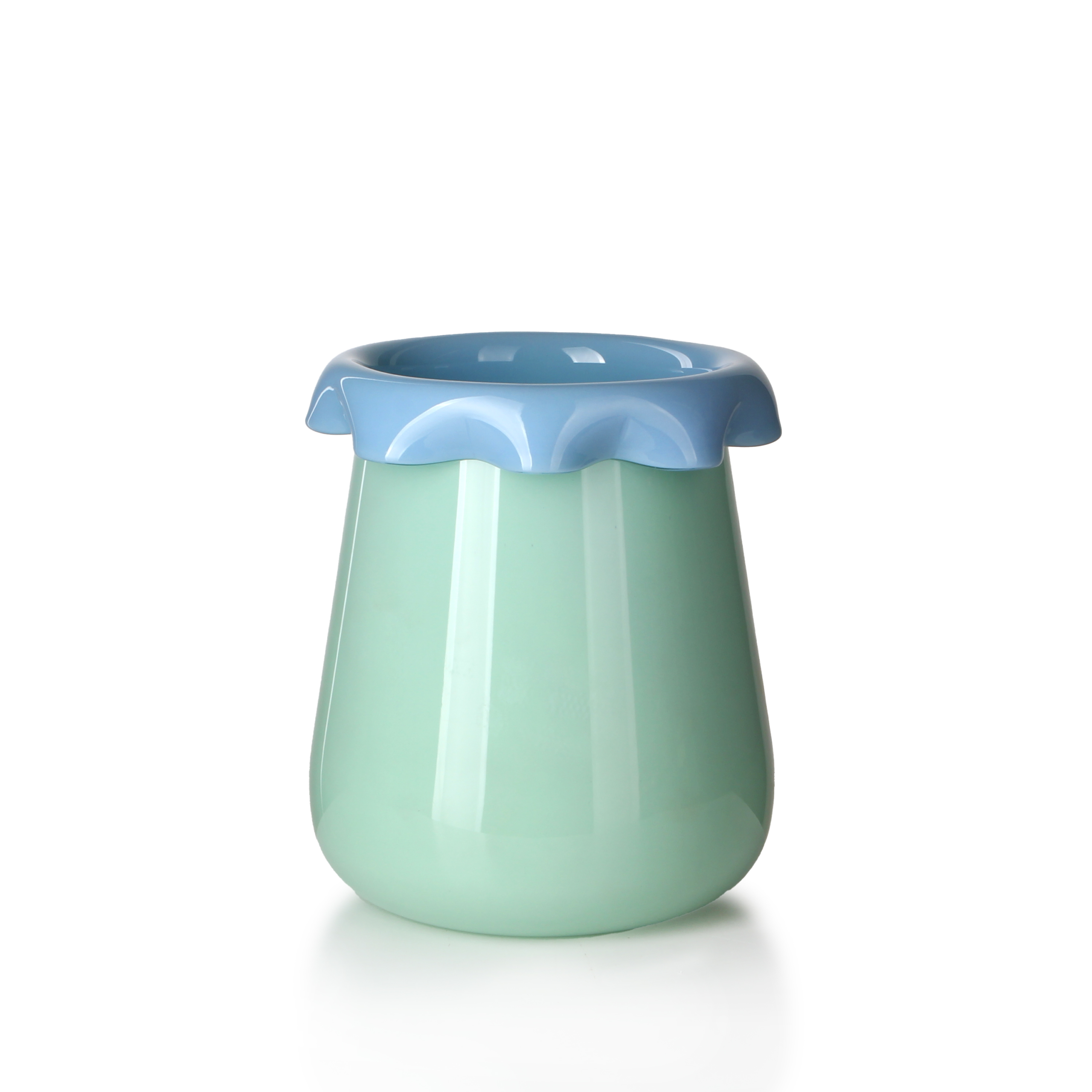 Blue and Cyan Ruffled Rim Two-Tone Glass Vase - Large